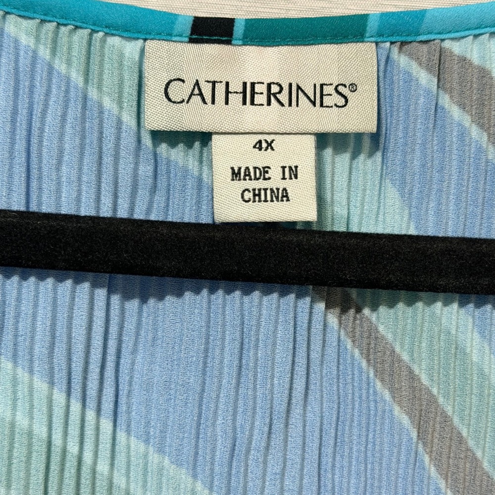 Catherines Womens 4X Blue Abstract Wave Pleated Tunic 3/4 Bell Sleeve Top - Picture 6 of 8